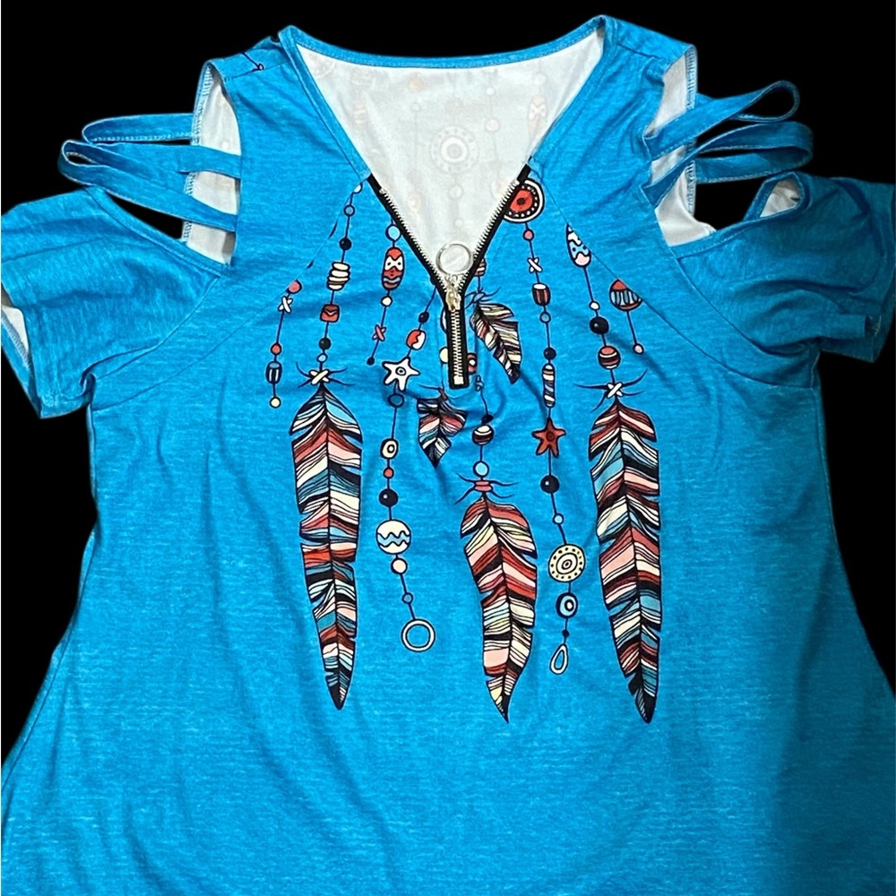 Blue Embellished Cut Out Short Sleeve Tee